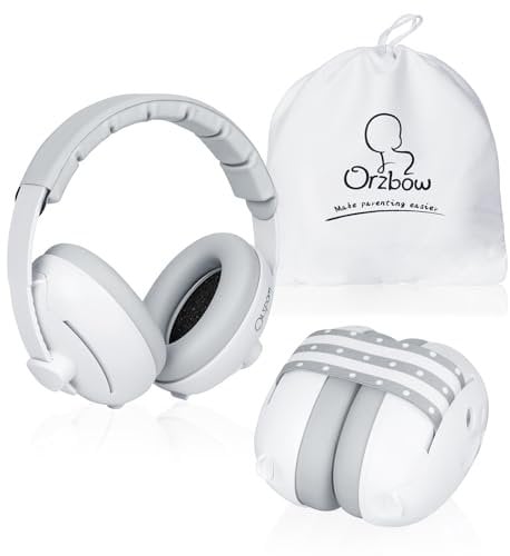 Orzbow 2 en 1 Casque Anti Bruit Bebe pour 1-48 Mois,Réglable Casque Anti Bruit Enfant avec Bande Extensible,Léger,28dB SNR,Protection Auditive & Améliore le Sommeil Pendant les Déplacements,Blanc