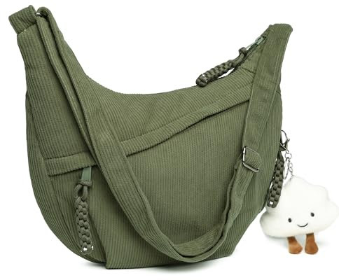 Micmores Crossbody Bag Damen Umhängetasche, Cord Tasche Casual Schultertasche Moon Bag Halbmond Tasche mit Verstellbarer Schultergurt, Stylische Handtasche für Arbeit, Reisen, Alltag(Grün)