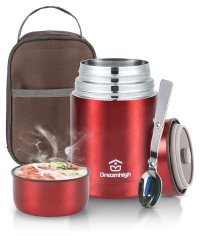 Dreamhigh® Thermobehälter für Essen 800 ml, Edelstahl Warmhaltebehälter Speisegefäß, Thermoskanne Auslaufsicher, inkl. Löffel, 12 Stunden Heiß/Kalt (Rot)