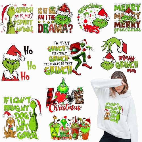 10 Blatt Grinchs Weihnachten Bügelbilder für T-Shirts, Weihnachten Wärmetransfers Vinyl, Weihnachten Bügelbilder für Kleidung Tasche Kissenbezüge DIY Dekorationen