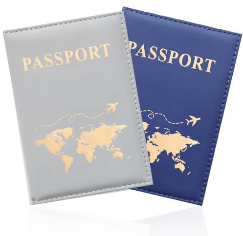 2 pezzi Portapassaporto in pelle PU Portapassaporto Portapassaporto Portafoglio da viaggio per passaporto, biglietto, carte d'imbarco, carta di credito, biglietti da visita (grigio + blu scuro)