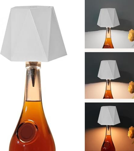XhuangTech Wireless Wine Bottle Lamp, LED Wine Bottle Lampshade 3 Colours Stepless Dimming with USB Rechargeable, Touch Embedded Bottle Top Lights with Shade for Bars, Pubs, Tables, Bedroom (White)