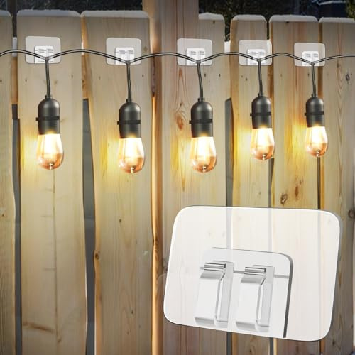 40Pcs Hooks for Outdoor String Lights Clips: Heavy Duty Cable Clips with Waterproof Adhesive Strips for Hanging Christmas Light - Outside UV-Resistant Clear Sticky Cord Holders Rope Organizer