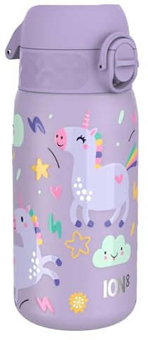 ION8 Gourde Enfant, Inox Léger, 400ml, Non Isolé, Anti-Fuite, Facile à Ouvrir, Verrouillage Sécurisé, Lavable au Lave-Vaisselle, Poignée de Transport, Acier Inoxydable, Licornes Violet