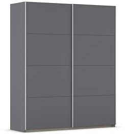 Rauch Möbel Oxford, Schiebetürenschrank, Garderobe, 2-türig, Zubehör Premium, 4 Einlegeböden, 1 Schubkasteneinsatz, Türdämpfer, Farbe Grau metallic, Schwarz, Griffleisten Alufarben, 175x210x59cm