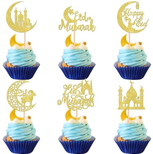 Ramadan Tortendeko, 24 PCS Ramadan Kuchendekoration, Eid Mubarak Cake Topper, Ramazan Muffin Topper, Eid Mubarak Kuchendeko, Ramazan Dekoration für die Party (A)