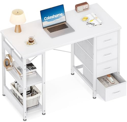 Coleshome Small Computer Desk with Drawers, 100x40cm Office Desk with Storage Shelves, Reversible Study Table for Home Office, Small Space, White