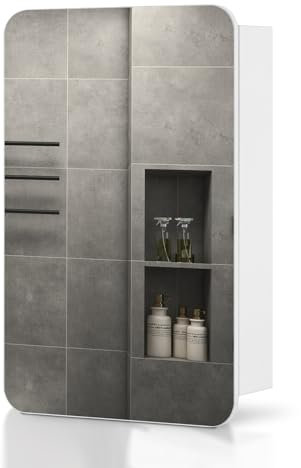 TUKAILAi Single Door Bathroom Mirror Cabinet, 50 x 70cm White Wall Mounted Cabinet with Storage Shelf 1 Round Corner Mirror Storage Cabinet for Bathroom Washroom, Medium