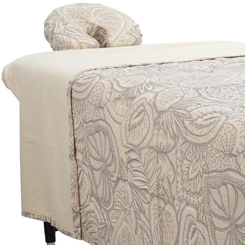 ForPro Premium Designer Flanell 3-teiliges Massagelaken Set Island Tranquility für Massageliegen inklusive Massageliegen, Spannbetttuch und Spannbetttuchbezug für die Gesichtsauflage, Natur