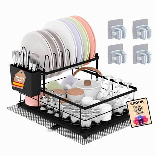 ALEHC® Escurreplatos sobre Fregadero 2 en 1 de Alta Capacidad, Doble Altura y Drenaje Telescópico 360º + Alfombrilla Antideslizante y 4 Colgadores Autoadhesivos | Pack 6 Piezas + Ebook Exclusivo |