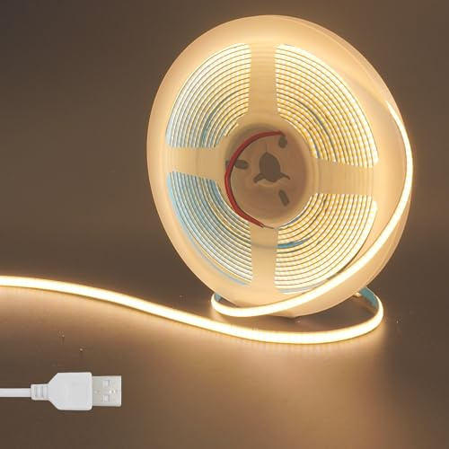 Clearhill 5V USB COB LED Strip Lights, 3.28FT / 1M, Warm Weiß 3000K, 400LEDs / M, 5mm Breite, Nicht wasserdicht IP20, 1M USB-Kabel, Flexible LED-Bandlicht für DIY Home Indoor Dekoration