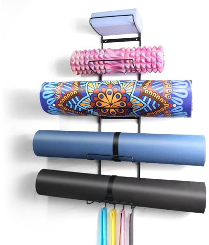 MRZZATA 5-Tiers Yoga Mat Holder Wall Mount, Metal Storage Rack for Yoga Mat/Wheels, Foam Roller and Block, Wall Rack with 4-Hooks for Hanging Stretching Strap, Resistance Bands