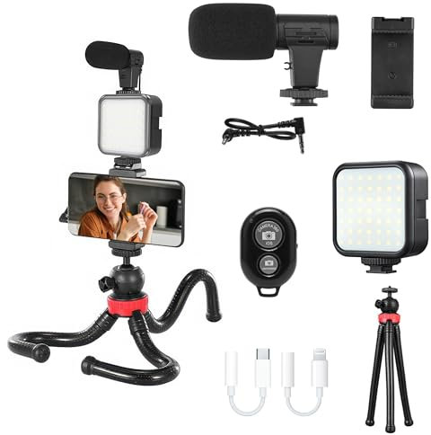 Kit di vlogging per smartphone, per Apple e Android, include cavo Lightning USB-C e iPhone, YouTube Starter Kit, attrezzatura per podcast, treppiede, microfono fucile, luce LED, supporto per telefono