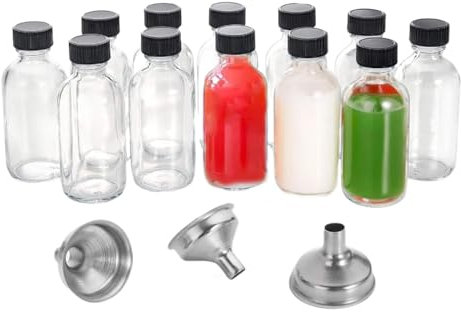 Uhngw Lot de 12 flacons à shot avec bouchons, pots de jus en verre avec couvercles, 60 ml, petits récipients transparents à emporter avec 3 entonnoirs en acier inoxydable pour huiles, potion