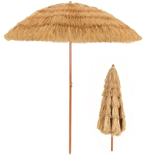 KOMFOTTEU Sonnenschirm Strand 200cm, Hawaiischirm Sonnenschutz, Bastschirm knickbar, Strohschirm mit Neuartiges Erscheinungsbild, Tiki Marktschirm für Garten, Balkon