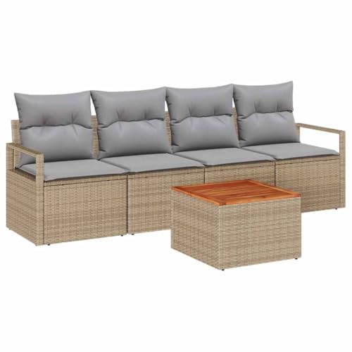 vidaXL Garten-Sofa-Set mit Kissen 5 pcs Beige Poly Rattan, Garten und Terrasse, Modulares Outdoor-Sofaset, verstellbare Füße, wetterfestes Sitzmobiliar
