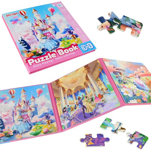 SOLTIRA Magnetpuzzle ab 5 Mädchen,Prinzessin Schloss Kinderpuzzle,3x42Teile | 3-in-1,BeschäFtigung für Kinder ab 5 im Autofahrt,Flugzeug AktivitäTen,Magnetisches Puzzle Alter 5-8