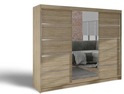 ELUKS - DELIN Sliding Doors Wardrobe with Mirror Furniture for Bedroom Living Room and Hall Wardrobe Organizer Width 100cm/120cm/150cm/180cm/200cm/WHITE/BLACK/OAK (Sonoma Oak, 200cm)