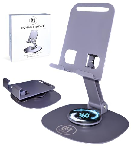 HOMAIX Support Téléphone Bureau Rotation 360°, Support Smartphone et Tablette en Aluminium, Réglable et Pliable, Antidérapant, Compatible iPhone, Samsung Galaxy, iPad Mini, Tablettes et Smartphones
