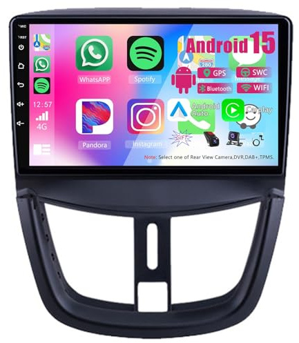 Double Din 9 inch Android 15 Car Stereo Radio for Peugeot 207 2006-2015 with Wireless Carplay AHD Backup Camera Bluetooth Steering Wheel Controls GPS Navigation(T700 [8+256G])