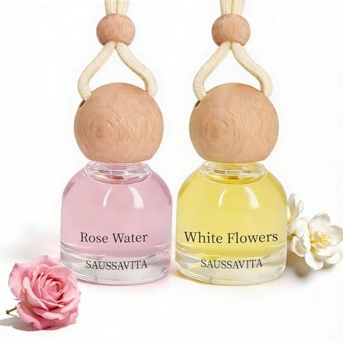 Autoduft Rose&Weiße Blüte 2 Pack, Duftbaum Auto Aufhänger Diffusor mit Clip für Lüftungsgitter, Natürlicher Langanhaltender Auto Lufterfrischer innenraum, Autoparfüm set für Männer Frauen Geschenke
