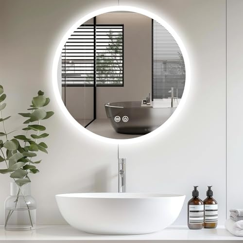 Trintion LED Spiegel Bad mit Beleuchtung 70cm Rund - Dimmbar mit 3 Lichtfarben (3500K-6500K), Touch-Schalter, Beschlagfrei - Badezimmerspiegel mit Licht für Make-up & Rasur