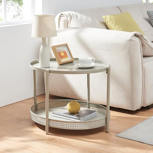 [en.casa] Couchtisch Jäller Wohnzimmertisch mit unterer Ablage oval Beistelltisch 66 x 51 x 44 cm Sofatisch Rattan-Optik Metall Taupe