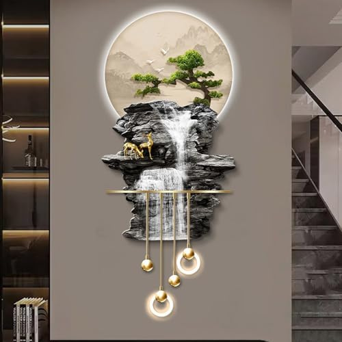 Yidlkecqey Wanddekoration 3D Metall mit LED, Bild Landschaft aus Kristallporzellan für Wohnzimmer, Wandskulptur Berg und Fluss (Typ G, 50 x 120 cm/19,7 x 47,2 Zoll)
