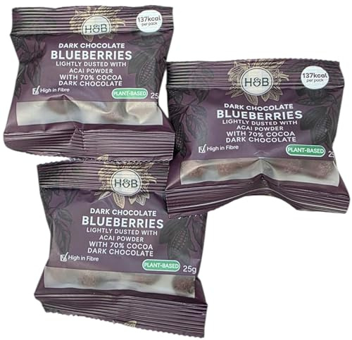 Holland & Barrett Dark Chocolate Blueberries 3 Pack – 70% Cocoa, Acai Berry Powder, Plant-Based Snack, High Fibre, 75g