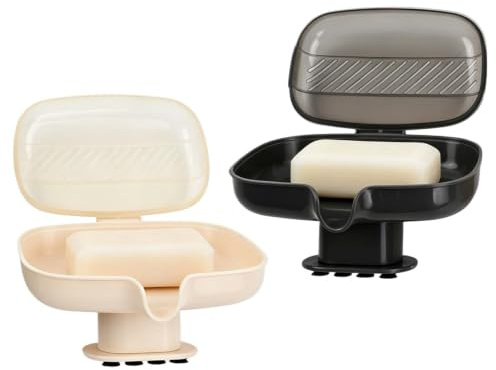 Seifenschale mit Deckel 2 Stück, 13,4x10,5x8,8cm Seifenbox mit Saugnapf und Ablauf, rutschfest Seifenhalter für Dusche Badewanne, Universal Seifenablage Staubdicht (Beige + Schwarz)