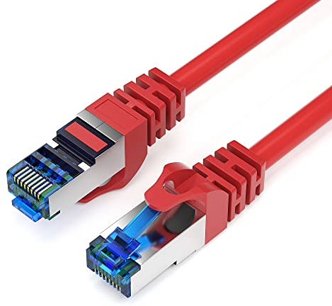 JAMEGA - 0,5m CAT 7 Netzwerkkabel Gigabit Ethernet Lan Kabel in rot | 10000 Mbit s | Patchkabel Cat.7 Rohkabel S FTP PIMF Schirmung mit RJ45 Stecker | Switch Router Modem Access Point