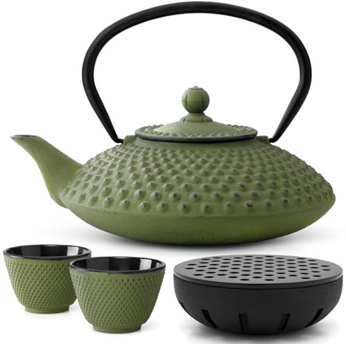 Teekanne asiatisch Gusseisen Set grün 1.25 Liter Teekessel mit Henkel & Edelstahl Tee-Filter Sieb-Einsatz & Stövchen inkl. Teebecher