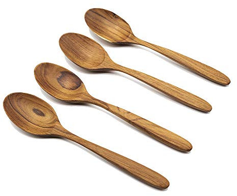 FAAY 4 Pcs Teak Wooden Spoons, 8 Inch Wood Soup Spoons Handcraft from High Moist-Resistance Teakwood | Healthy Wooden Spoons for Eating