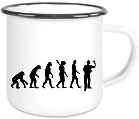 Crealuxe Emaille Tasse Evolution Dart - Kaffeetasse mit Motiv, Campingtasse, bedruckte Emailletasse mit Wunschtext