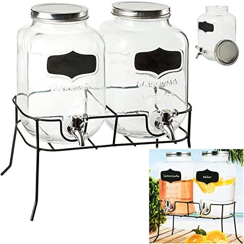 Set: 2 * 4 Liter - großer Getränkespender - Glas - mit Zapfhahn & Deckel + Metall Ständer/Saftkanne/Zapfhahnflasche - Wasserkanister Wasserspender - Campi..