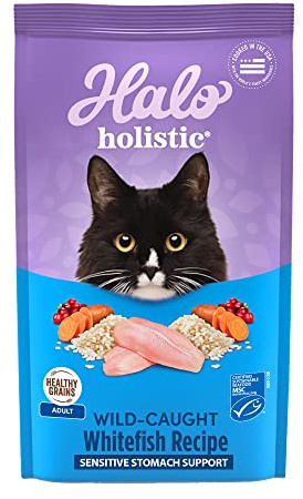 Halo Holistic Cat Food Wild Caught Whitefish Formula, Healthy Grains Dry Cat Food, For Sensitive Stomach Support, Kibble for Adult Cats, 10 lb Bag