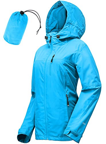 33,000ft Regenjacke Damen Wasserdicht Outdoorjacke Atmungsaktiv Herbst Übergangsjacke Leichte Jacke mit Kapuze Windbreaker zum Wandern Reisen Treking Fahrrad (Meerblau 36)