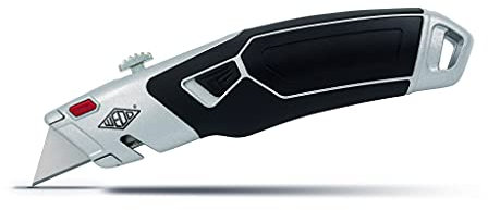 WEDO 78851 Cutter PROFI PLUS II, 3-stufige Rasterautomatik, ergonomischer Griff, Klingenaustritt 5-25mm, integriertes Klingenmagazin, Kordelschneider, TÜV/GS zertifiziert, ca. 217g, Schwarz/Silber/Rot
