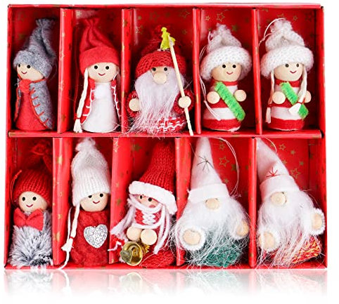 10 Stück Weihnachtswichtel Anhänger Wichtel aus Holz Strick Baumanhänger Weihnachts-Deko Weihnachten Wichtelanhänger Bastelset mit Mützen Schals Weihnachtsmann Christbaumanhänger, ca.8 cm