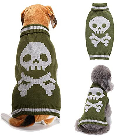 Cicano Halloween-Hundepullover, Totenkopf, Kürbis-Muster, Haustierkleidung, niedlich, für Katzen, Kätzchen, Welpen, Hunde, Grün, Größe L