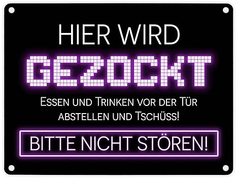 Hier wird gezockt Metallschild in 15x20 cm für Gamer in violett lustige Geschenkidee für Jungen und Mädchen die Computerspiele lieben und am liebsten den ganzen Tag zocken würden