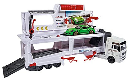 Majorette - Porsche Truck Experience - Camion 27cm - 4 Véhicules Inclus - 212053304SMO, Blanc
