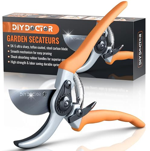 DIY Doctor Premium Gartenschere - 1x Ultrascharfer gehärteter Karbonstahl SK-5 mit Teflonbeschichtung - Rosenschere - Baumschere - Gartenscheren - Stilvoller orangefarbener Griff