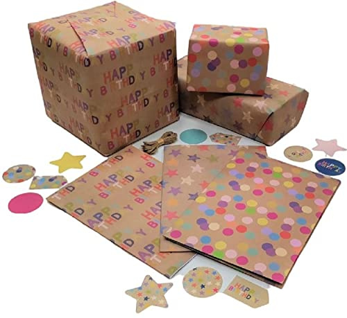 Eco Birthday Wrapping Paper 6 XL Sheets Complete With Natural String & 12 Gift Tags 100% Recyclable Gift Wrap