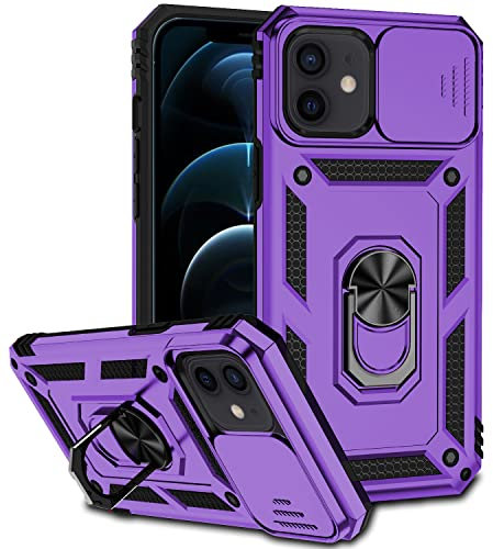 Hitaoyou iPhone 12/12 pro case, iPhone 12/12 pro Case with Camera Cover & Kickstand Military Grade Shockproof Heavy Duty Protective with Magnetic Car Mount Holder for iPhone 12/12 pro (Dark purple)