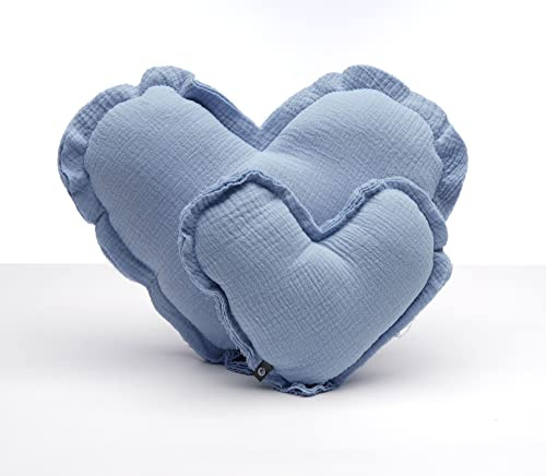 von Herzen Handmade Musselinkissen aus 100% Baumwolle Kuschelkissen I Dekokissen auf Musselin in Herzform I Herzkissen für Sofa & Bett I Handgenäht (Klein (Ø ca. 18cm), Hellblau)