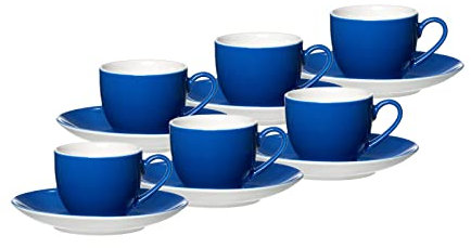 Ritzenhoff & Breker Doppio Espressotassen mit Untertassen, 6er Set, 80 ml, Indigo Blau, Porzellan, Buntes Mix-und-Match-Geschirr