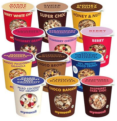 mymuesli BIO Müsli 12er Mix 2Go DELUXE - Super schokoladig bis zu aromatisch fruchtig - Abwechslungsreiche Sorten im praktischen Portionsbecher to go für Schule, Arbeit oder Unterwegs – Ohne Palmöl