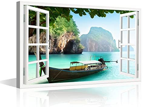 TISHIRON Phuket Thailand Leinwand Wandkunst 3D Fenster View Bilder Drucke für Wohnzimmer Schlafzimmer Dekor Kunstwerk Büro Heimdekoration Gerahmte Küche Dekor 91,4 cm B x 61 cm H