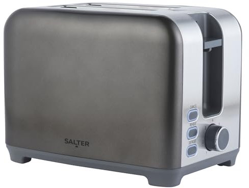 Salter EK4536GUNMETAL Cosmos 2-Slice Electric Toaster –7 Levels of Variable Browning Control, Defrost, Reheat and Cancel Functions, Removable Crumb Tray for Easy Cleaning, Indicator Lights, 930W, Grey